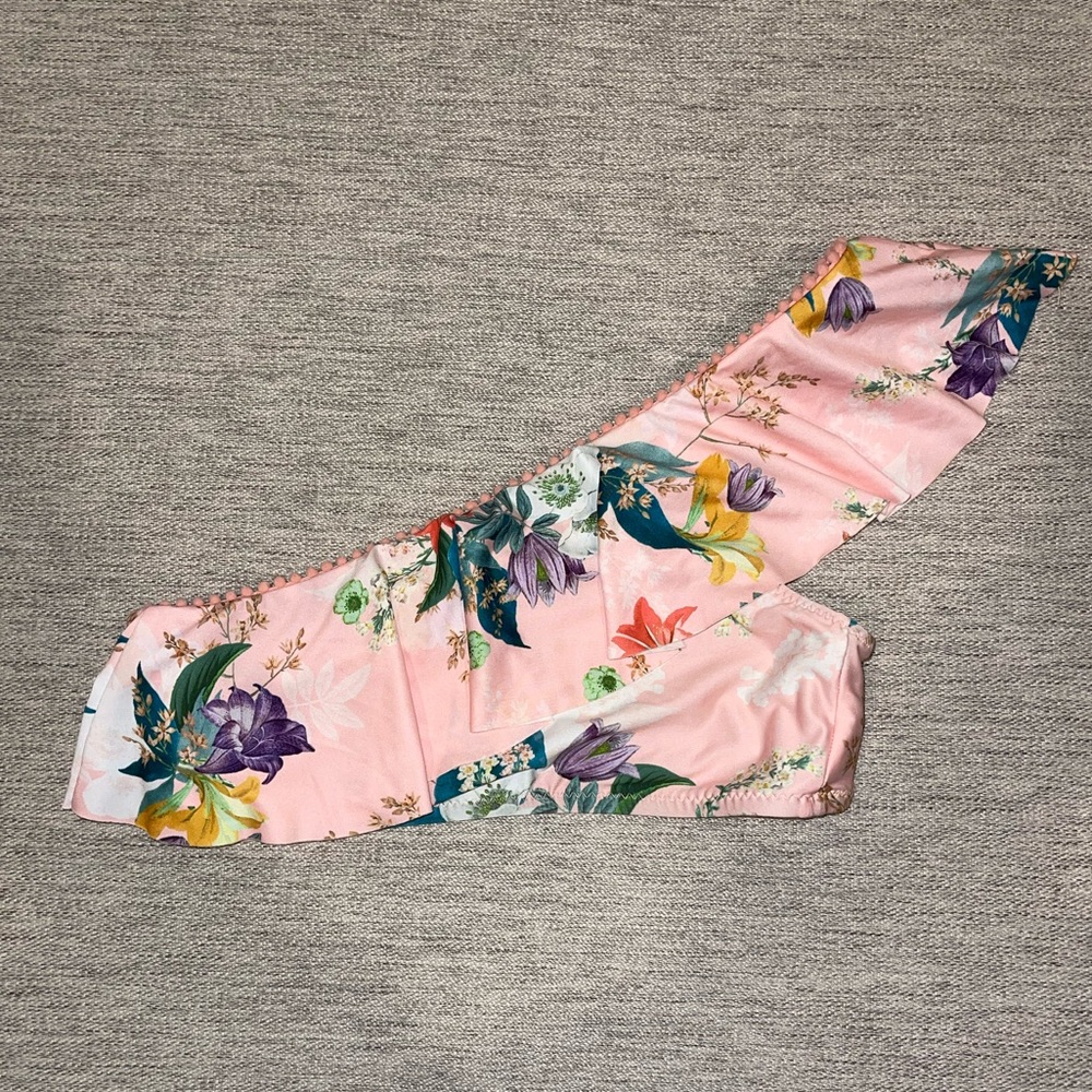 Isabella Rose Blossoms Asymmetrical Ruffle Bikini Top Pink Floral - Size M